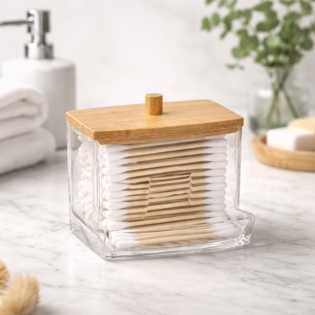 Porta-cotonetes com tampa de bambu