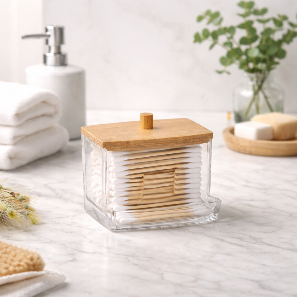 Porta-cotonetes com tampa de bambu